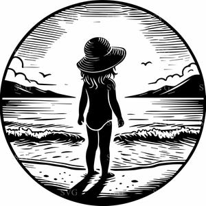 Chica de playa SVG, 4 niñas pequeñas por archivo de corte de océano, arte de silueta de verano, descarga digital de infancia junto al mar