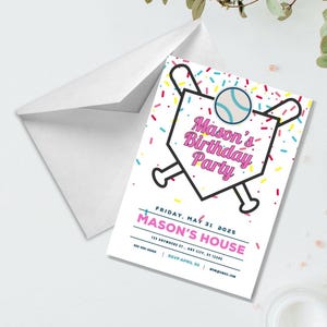 May include: Baseball-themed birthday party invitation with a pink and white home plate, crossed bats, and a baseball. The text reads "Mason's Birthday Party" with the date and time of the party, the location, and RSVP information.