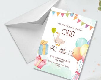 Customizable Silly Goose Birthday Invitation: Editable Kids Party Invite for Little Gosling Celebration