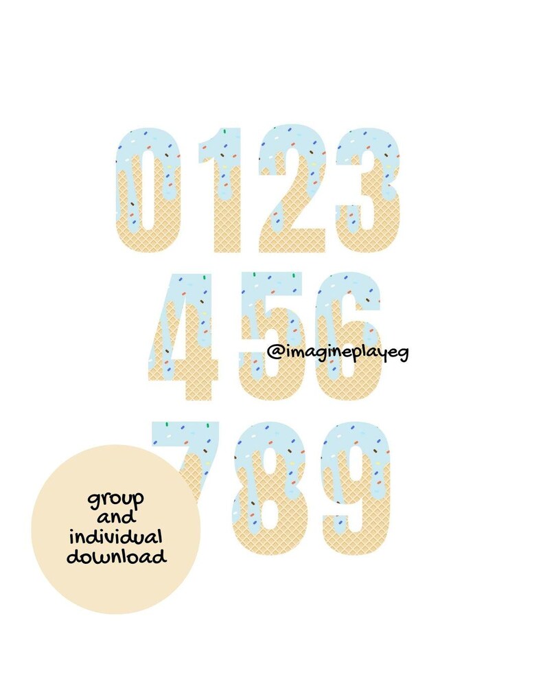 Light Blue Ice Cream Drip Cone Numbers 0-9 With Sprinkles PNG Digital ...