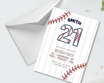 Customizable Baseball Jersey Number Striped Baseball Birthday Party Invitation Digital Sports Theme Card Seller Personalization