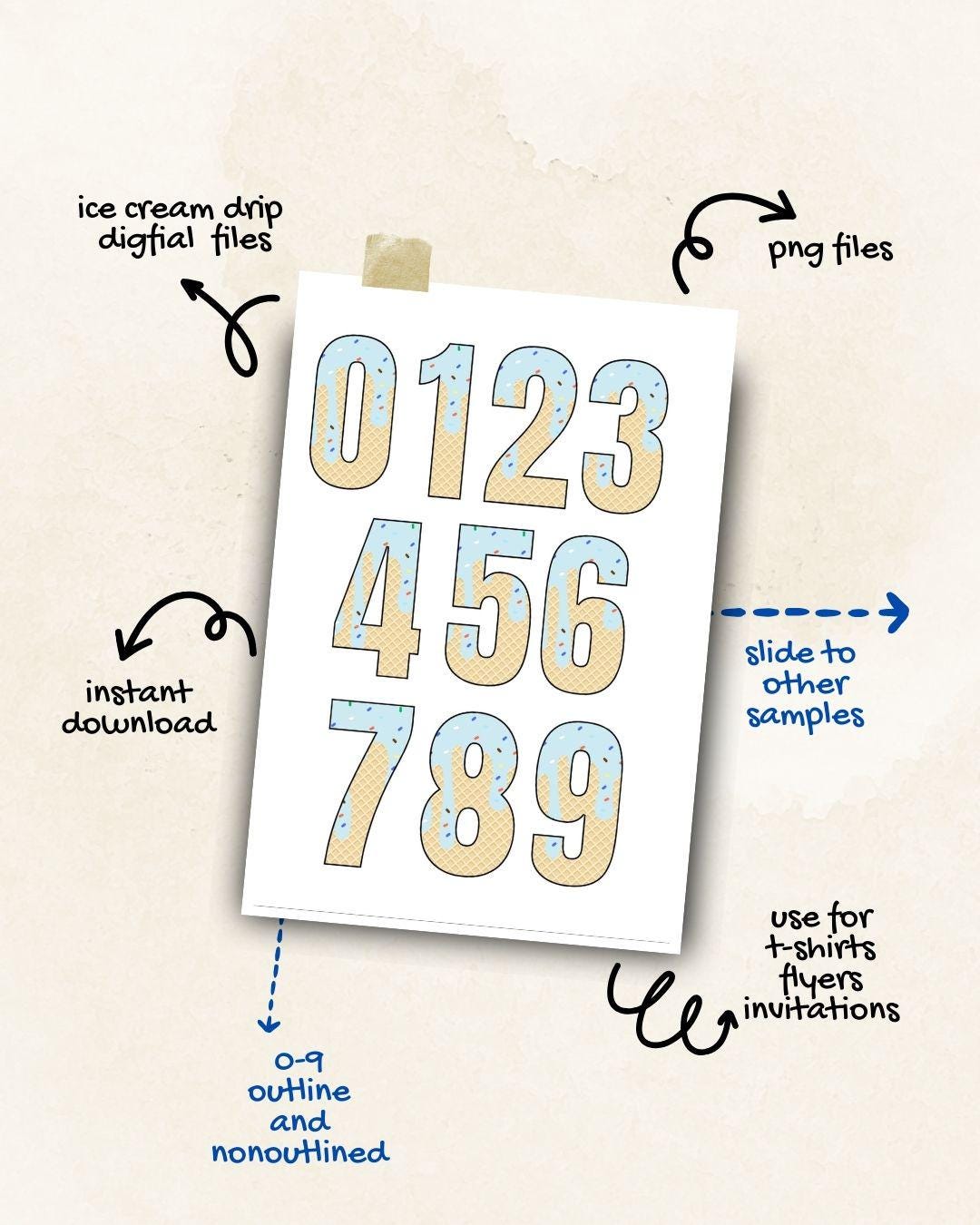 Light Blue Ice Cream Drip Cone Numbers 0-9 With Sprinkles PNG Digital ...