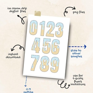May include: A set of ten digital files featuring ice cream drip numbers 0-9. The numbers are outlined and non-outlined, in a yellow and blue colour scheme. The files are in PNG format and can be used for t-shirts, flyers, and invitations.