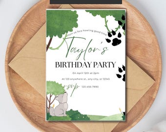 Invitación de cumpleaños personalizable con aullidos de lobo: fiesta de aventuras en la naturaleza para niños y entusiastas de la naturaleza