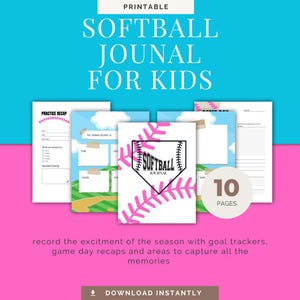 Op de afbeelding: Printbare softbal-dagboek voor kinderen met 10 pagina's. De omslag heeft een roze softbal met witte stiksels en een roze homeplate met de tekst "Softball Journal".