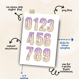May include: A set of ten digital files featuring ice cream drip numbers 0-9. The numbers are yellow with purple icing and colourful sprinkles. The numbers are available in both outlined and non-outlined versions. The files are in PNG format and can be used for t-shirts, flyers, and invitations.
