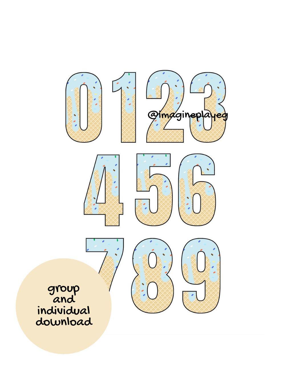 Light Blue Ice Cream Drip Cone Numbers 0-9 With Sprinkles PNG Digital ...