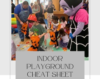 May include: A group of children in costumes are trick-or-treating at an indoor playground. A purple and pink monster character is handing out candy to the children. The children are wearing Halloween costumes and holding pumpkin-shaped bags. The text "INDOOR PLAYGROUND CHEAT SHEET" is displayed on a gray background. The text "ever vendor ever used for our indoor playground" is displayed below the title.