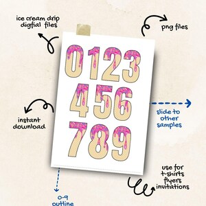 May include: A set of ten digital files featuring numbers 0-9 with an ice cream drip and sprinkles design. The numbers are in a light yellow colour with pink and purple icing and colourful sprinkles. The files are available for instant download and can be used for t-shirts, flyers, and invitations.