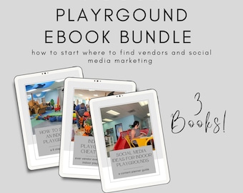 May include: An ebook bundle advertisement with the title "INDOOR PLAYGROUND EBOOK BUNDLE". The image shows three digital tablets displaying the covers of the ebooks. The text includes "how to start where to find vendors and social media marketing". The words "3 Books!" are written in cursive.