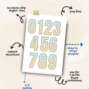 May include: A set of ten digital files featuring ice cream drip numbers 0-9. The numbers are outlined and non-outlined, and are available as PNG files. They can be used for t-shirts, flyers, and invitations.