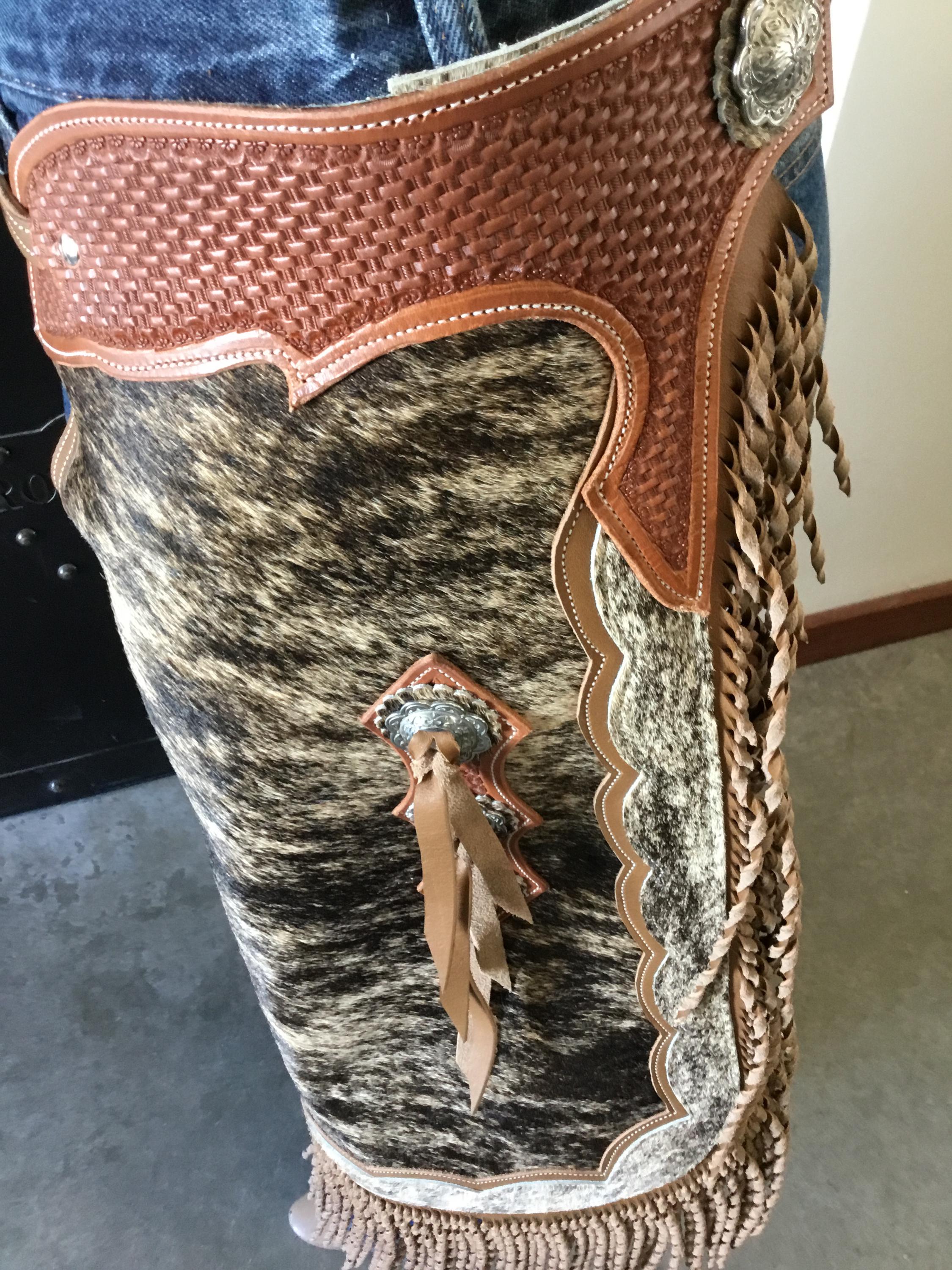 Showman ® Brown suede leather chinks with Hair on Cowhide Accent. main image 1