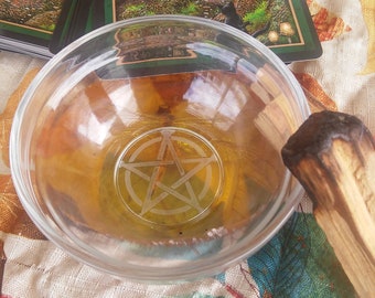 Altar Bowl, Glass Etched Pentagram Offering Bowl, Ritual Tool, Altar Tool, Etched Glassware, Witchcraft Supply, Pentacle, Wiccan Symbol