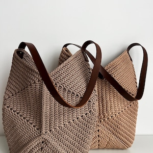 Crochet cute bag - Handmade crochet handbag with leather handles