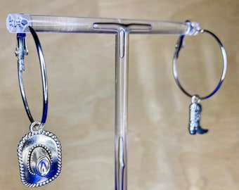 Silver Hoop Cowboy Earrings | Cowboy Hat and Cowboy Shoes Earrings | Western Jewellery for Women | Unique Gifts for Girls