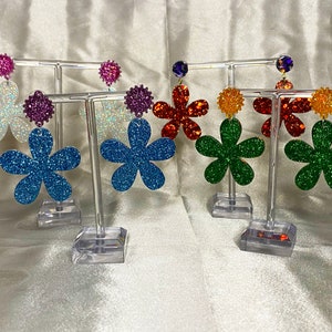 UK Handmade Resin Flower Glitter Sparkly Earrings - Holographic Orange Red Pink Green Purple Blue Yellow - Flower Power - Boho - Hippie