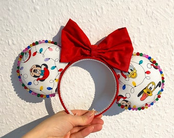 Mickey Mouse and Friends Christmas Disney Ears - featuring Mickey, Minnie Mouse, Goofy, Donald Duck and Pluto and Christmas Lights