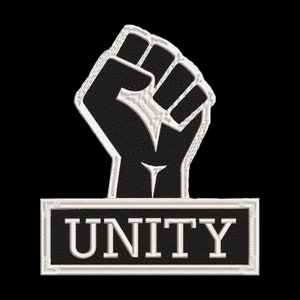 May include: Black and white embroidered patch with a raised fist and the word "UNITY" in white lettering.