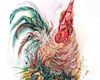 Rooster Colorful Watercolor Portrait