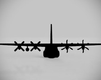 May include: A black silhouette of a military cargo plane with four propellers. The plane is flying against a white background.