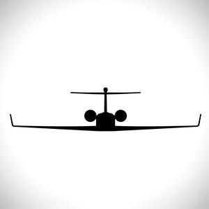 May include: Black silhouette of a private jet with two engines and a single tail.