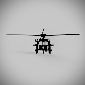 Puede incluir: Silueta negra de un helicóptero militar con una cruz roja en el lateral.