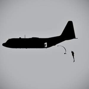 May include: A black silhouette of a military transport plane with a door open and people jumping out with parachutes.