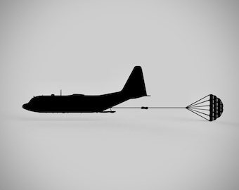 May include: A black silhouette of a military cargo plane dropping a parachute from the back of the aircraft.