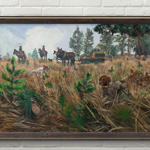 May include: A framed painting depicting a hunting scene. The artwork features riders on horseback, dogs, and a horse-drawn cart in a field with tall grass and trees. The color palette includes greens, browns, and blues.