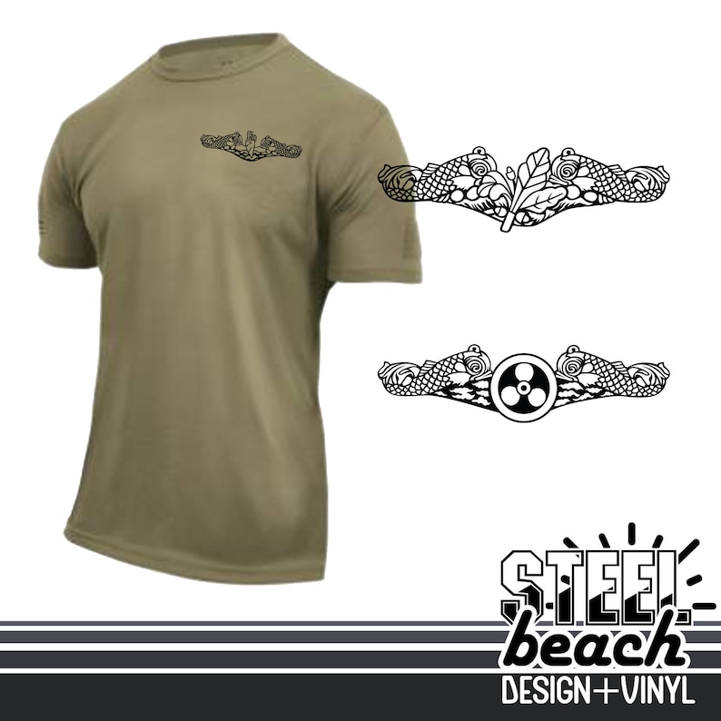 May include: Olive green short-sleeve t-shirt with a small black graphic on the chest. Two black and white graphic designs are displayed to the right. The bottom right corner features the text "STEEL beach DESIGN + VINYL".