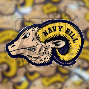 May include: A blue and yellow sticker with a cartoon ram's head and the text "NAVY BILL EX SCIENTIA TRIDENS".