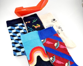 Calcetines divertidos y originales, calcetines de hombre con diseño llamativo: calcetines unisex de estilo retro, regalo divertido para él/ella, calcetines de algodón suave con diseño de nave espacial, calcetines con gafas de sol.