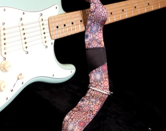 Floral Guitar Strap, Upcycled Leather Ends, Adjustable Guitar Strap, Ukulele Strap, Bass Strap, Pick holder on Guitar Strap, Gift for Her