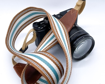 Blue Striped Personalized Handmade Camera Strap Gift, Custom Strap for Photographers, DSLR Camera Holder, Vintage strap, Gift for Her Him