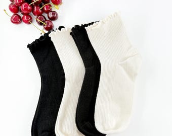 Calcetines tobilleros con volantes de estilo sencillo: calcetines bajos de algodón suave, calcetines con volantes.