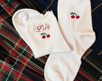 Customised Cherry Vintage Style Frill Ankle Socks: Soft Cotton Low Cut Socks, Ruffle Socks, Summer socks, Gift for her, Back to school