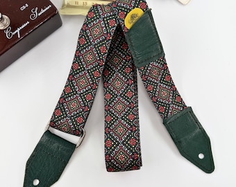 Green Floral Guitar Strap, Upcycled Leather Ends, Ukulele Strap, Unique Guitar gift, 4 cm guitar strap, Vintage Style Strap