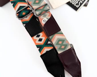 Boho Guitar Strap, Handmade Upcycled Leather Ends, Aztec Wide Guitar Strap, 2 colors option, Vintage guitar strap, Customisable Guitar strap