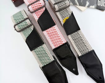 Woven Wide Handmade Guitar Strap, Upcycled Leather Double Layer Ends, Leather Guitar Strap, Gift for Her, for Him, Comfortable Guitar strap