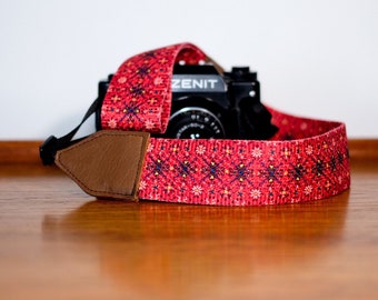 Correa de cámara de cuero reciclado hecha a mano, ajustable, con estampado floral