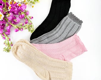 Calcetines tobilleros retro transpirables con volantes y canalé: calcetines bajos de algodón suave natural, calcetines con volantes, calcetines tipo tubo, calcetines de encaje, calcetines estilo años 50.