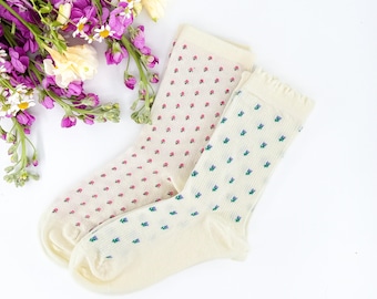 Floral Vintage Style Frill Ankle Socks: Soft Cotton Breathable Socks, Ruffle Socks, Ribbon Socks, Polka Dots Socks, Thin Summer socks
