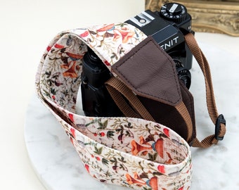 Correa de cámara personalizada hecha a mano con diseño de hongo, correa de cámara de Alicia en el País de las Maravillas, correa de cámara retro naranja, correa vintage, DSLR/SLR