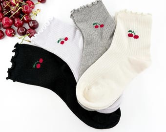 Calcetines tobilleros con volantes estilo vintage Cherry: calcetines bajos de algodón suave, calcetines con volantes