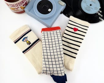 Calcetines de algodón originales, calcetines de cuadrícula, calcetines de rayas, dibujos animados - Pack de 3 para mujer, calcetines de tenis, regalo para ella, calcetines largos, calcetines de corazón, cumpleaños