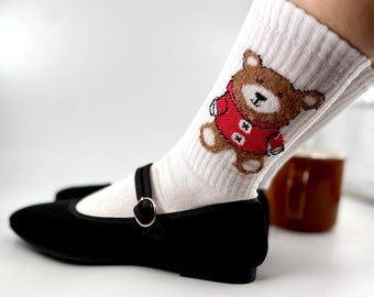 Cute Feathered Teddy Bear Socks, Ladies Teddy Print Socks: Sport Socks, Fun Gift for Her, Soft Cotton Legging Socks, Korean Style Socks
