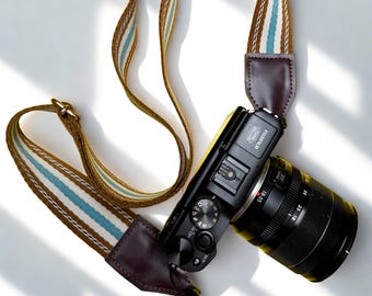 Retro Blue Quick Release Stripe Camera Strap: Leather DSLR/SLR Shoulder Strap, Vintage Camera Strap, Gift for Her, Gift for Him