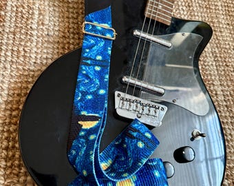 Van Gogh Starry Night Guitar Strap, Upcycled Leather Guitar Strap, Adjustable Strap, Electro Bass Guitar Strap, Guitarist Gift, Gift for Him