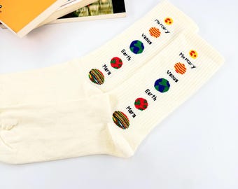 Planet Socks, Smiley Socks: Retro Aesthetic Crew Socks, Fun Gift for Her/Him, Soft Cotton Space Socks, Happy Face Socks