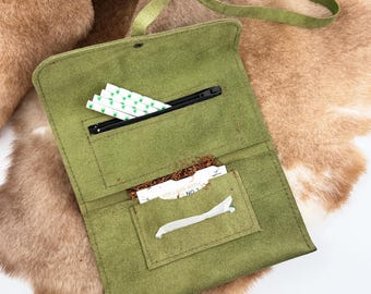Estuche para tabaco de cuero genuino color caqui personalizado, hecho a mano, estuche para liar, organizador de cuero, estuche para pipa, regalo de cumpleaños, estuche para tabaco, para fumar